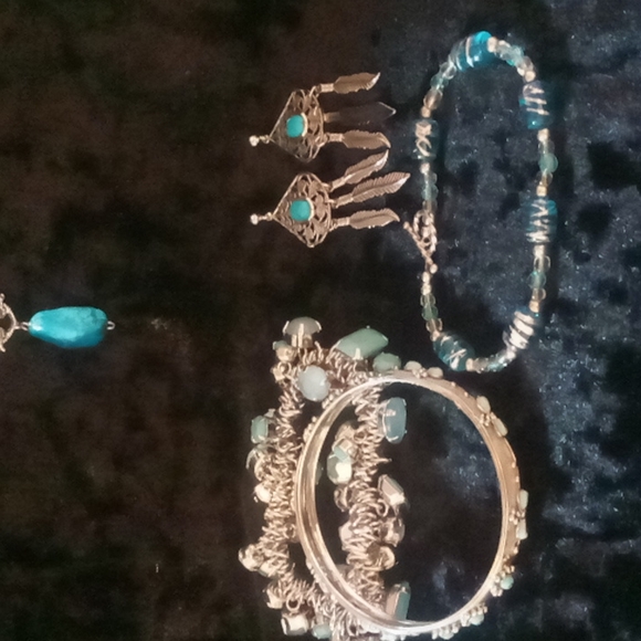 Jewelry - 2 Turquoise like stone necklaces stainless,3 Bracelets, 1 pair of earrings.